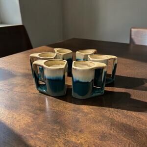 Rodolfo Padilla Ceramic Coffee Mugs Set of 6 Geometric Stacking Teal Vintage